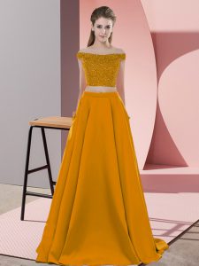 Off The Shoulder Sleeveless Evening Dress Sweep Train Beading Brown Elastic Woven Satin
