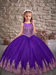 Exquisite Purple Sleeveless Floor Length Appliques Lace Up Little Girl Pageant Dress