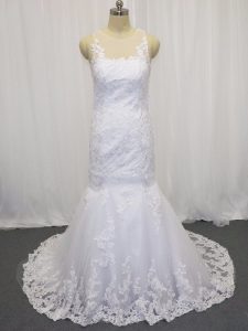 Customized Scoop Sleeveless Wedding Dress Brush Train Lace White Tulle