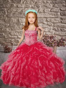 Coral Red Straps Neckline Beading and Ruffles Winning Pageant Gowns Sleeveless Lace Up