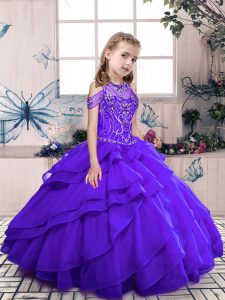 Sleeveless Floor Length Beading and Ruffled Layers Lace Up Pageant Dress Toddler with Purple