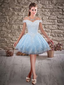 New Arrival Off The Shoulder Sleeveless Prom Evening Gown Mini Length Beading and Lace Light Blue Lace