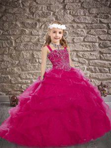 High Class Lace Up Little Girls Pageant Gowns Fuchsia for Wedding Party with Beading and Pick Ups Brush Train