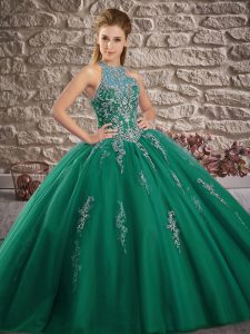 Dark Purple Lace Up Halter Top Beading and Appliques Quinceanera Dress Tulle Sleeveless Brush Train
