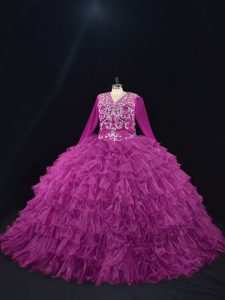 Ball Gowns 15th Birthday Dress Purple V-neck Organza Long Sleeves Floor Length Lace Up