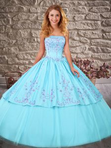 Aqua Blue Lace Up Ball Gown Prom Dress Embroidery Sleeveless Brush Train