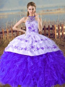 Blue 15 Quinceanera Dress Sweet 16 and Quinceanera with Embroidery and Ruffles Halter Top Sleeveless Court Train Lace Up
