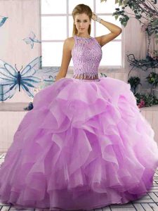 Nice Lilac Two Pieces Scoop Sleeveless Tulle Floor Length Lace Up Beading and Ruffles Quinceanera Gowns