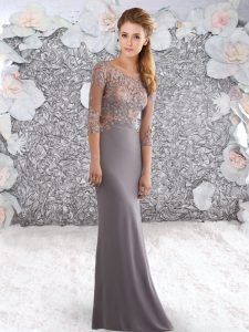 Floor Length Grey Evening Dress Satin Half Sleeves Lace