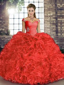Comfortable Floor Length Lace Up Quince Ball Gowns Coral Red for Military Ball and Sweet 16 and Quinceanera with Beading and Ruffles
