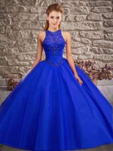 Cheap Sleeveless Beading Lace Up 15 Quinceanera Dress with Royal Blue Brush Train