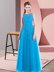Aqua Blue Side Zipper Evening Dress Beading Sleeveless Floor Length