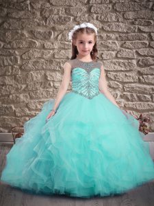 Aqua Blue Scoop Lace Up Beading and Ruffles Little Girls Pageant Dress Wholesale Sweep Train Sleeveless