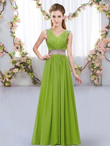 Most Popular Floor Length Empire Sleeveless Olive Green Bridesmaid Dresses Lace Up