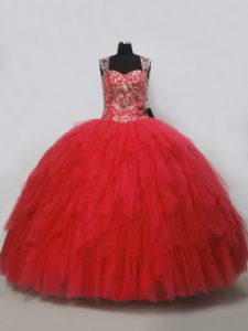 Vintage Red Lace Up Sweet 16 Dress Beading and Ruffles Sleeveless Floor Length