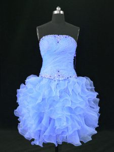 Customized Blue Lace Up Prom Dresses Beading and Ruffles Sleeveless Mini Length