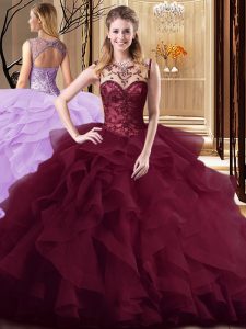 Custom Fit Sleeveless Tulle Brush Train Lace Up 15 Quinceanera Dress in Burgundy with Beading and Ruffles