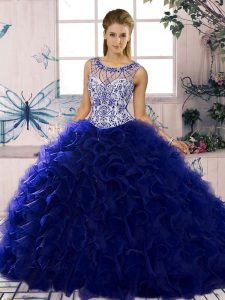Scoop Sleeveless Organza Vestidos de Quinceanera Beading and Ruffles Lace Up