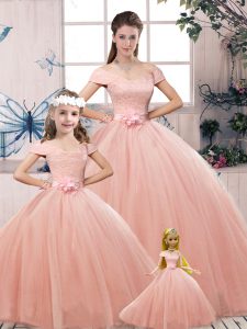Wonderful Floor Length Pink Sweet 16 Dress Tulle Short Sleeves Lace and Hand Made Flower