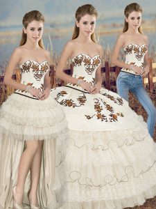 Stunning White Sweetheart Neckline Embroidery and Ruffled Layers and Bowknot 15th Birthday Dress Sleeveless Lace Up