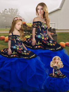 Dazzling Royal Blue Sleeveless Floor Length Embroidery and Ruffles Lace Up Sweet 16 Dress