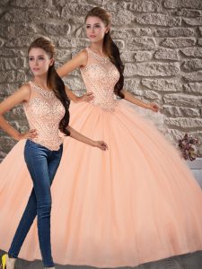 Edgy Peach Two Pieces Scoop Sleeveless Tulle Brush Train Backless Beading Quinceanera Gown