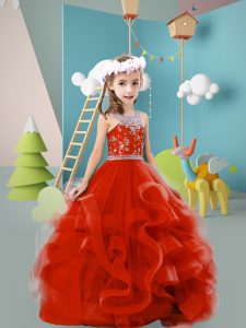 Pretty Red Tulle Zipper Halter Top Sleeveless Floor Length Little Girls Pageant Gowns Beading and Ruffles