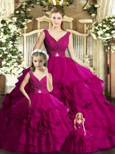 Fuchsia Organza Backless 15 Quinceanera Dress Sleeveless Floor Length Beading and Ruffles
