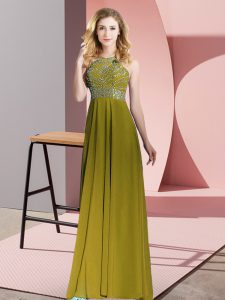 Olive Green Scoop Neckline Beading Prom Gown Sleeveless Backless