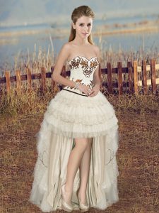 Traditional High Low Lace Up Homecoming Dresses White for Prom and Party with Embroidery and Ruffled Layers
