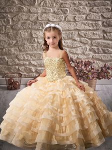 Champagne Lace Up Straps Beading and Ruffled Layers Kids Formal Wear Organza Sleeveless Brush Train