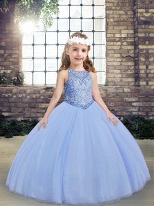 Ball Gowns Girls Pageant Dresses Light Blue Scoop Tulle Sleeveless Floor Length Lace Up
