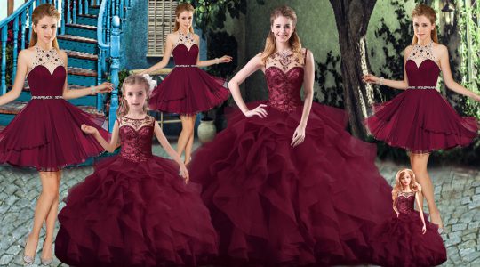 Extravagant Burgundy Ball Gowns Beading and Ruffles Sweet 16 Dresses Lace Up Tulle Sleeveless
