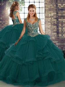 Inexpensive Peacock Green Ball Gowns Beading and Ruffles Quinceanera Dress Lace Up Tulle Sleeveless Floor Length