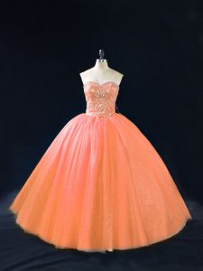 Discount Peach Tulle Lace Up Sweet 16 Quinceanera Dress Sleeveless Beading
