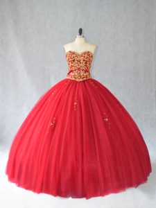 Dynamic Sleeveless Tulle Brush Train Lace Up Vestidos de Quinceanera in Red with Beading