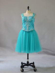 Spectacular Turquoise Zipper Straps Beading Prom Dress Tulle Sleeveless