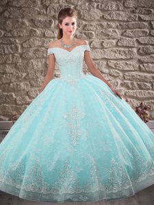 Colorful Apple Green Sleeveless Tulle and Lace Brush Train Lace Up Quinceanera Gown for Military Ball and Sweet 16 and Quinceanera