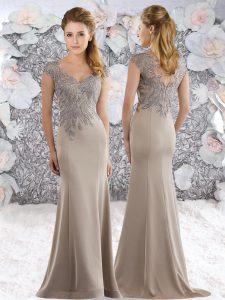 Trendy Satin Cap Sleeves Sweep Train and Beading