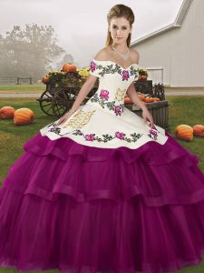 Fuchsia Ball Gowns Embroidery and Ruffled Layers Quinceanera Dresses Lace Up Tulle Sleeveless