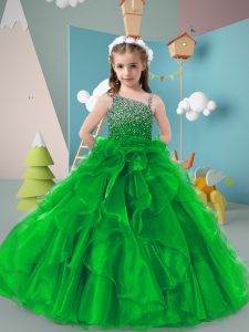 Inexpensive Organza Asymmetric Sleeveless Zipper Beading and Ruffles Little Girl Pageant Gowns in Green