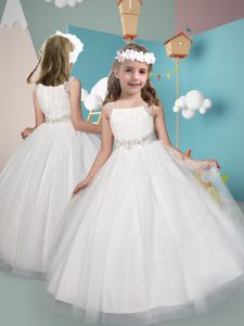 Comfortable Floor Length Zipper Flower Girl Dress White for Wedding Party with Belt