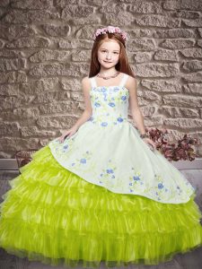 Multi-color Ball Gowns Embroidery and Ruffled Layers Little Girl Pageant Gowns Lace Up Organza Sleeveless Floor Length