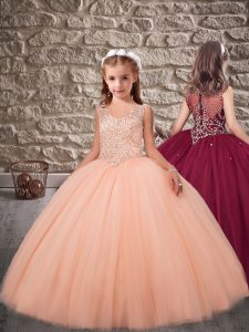 Best Sweep Train Ball Gowns Little Girls Pageant Dress Wholesale Peach V-neck Tulle Sleeveless Zipper