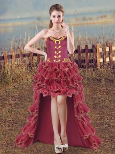 Affordable Ball Gowns Evening Dress Burgundy Sweetheart Organza Sleeveless High Low Lace Up