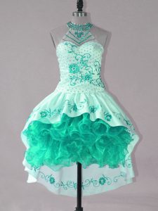 High Low Turquoise Satin and Organza Sleeveless Embroidery and Ruffles