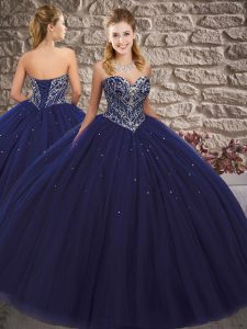 Floor Length Navy Blue Quinceanera Gown Tulle Sleeveless Beading