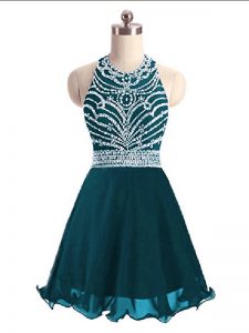 Teal Lace Up Halter Top Beading Prom Evening Gown Chiffon Sleeveless