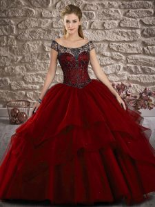 Beautiful Ball Gowns Sleeveless Wine Red Quinceanera Dresses Brush Train Lace Up