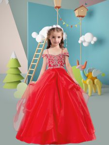 Off The Shoulder Sleeveless Little Girls Pageant Dress Wholesale Floor Length Beading and Ruffles Red Organza